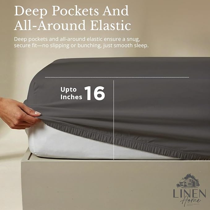 Linen Home 100% Cotton Percale Sheets Queen Size, Smoky Charcoal, Deep Pocket - Image 4