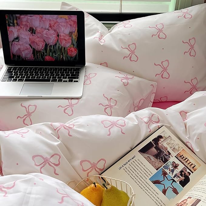 Nayoroom Pink Bow Duvet Cover Full Size Polka Dot Bowknot Coquette Duvet Cover - Image 7