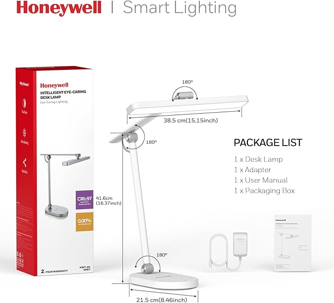 Honeywell Desk Lamp for Home Office, H4 Sunturalux™ Eye-Caring LED Desk Light, 700LM Dimmable Desk Lamp with Timer, Adjustable Desk Reading Light, Touch Auto Dimming Table Lamp for Study, Bedroom-DeskoryOffice