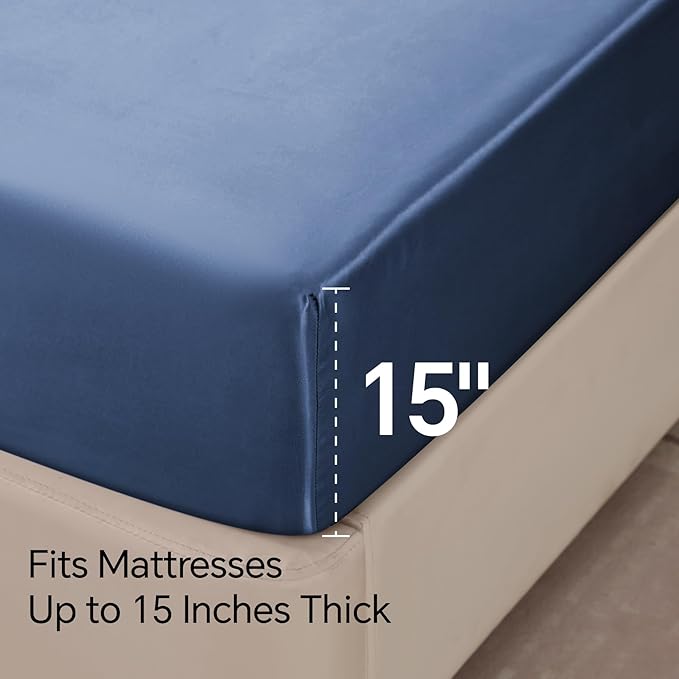 BEDELITE Satin Sheets Queen Size Bed Set, Luxury Soft Navy Silky Sheets - Image 6