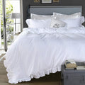 QSH White Shabby Ruffle Duvet Cover Full Size, Washed Cotton Farmhouse Boho by QSH