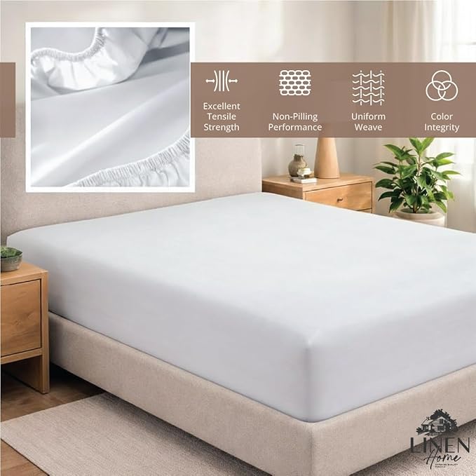 Linen Home 100% Cotton Percale Weave Fitted Sheet, Queen Size, Snow White - Image 4