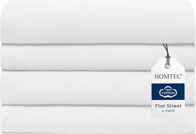 Queen Size Flat Sheet 4 Pack, 100% Cotton Percale Flat Bed Sheet, Breathable by HOMTEC