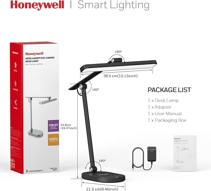 Honeywell Desk Lamp for Home Office, H4 Sunturalux™ Eye-Caring LED Desk Light, 700LM Dimmable Desk Lamp with Timer, Adjustable Desk Reading Light, Touch Auto Dimming Table Lamp for Study, Bedroom-DeskoryOffice
