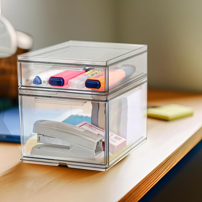 Set of 2 Stackable Storage Drawers - 6.7" Clear Plastic Drawer Storage, Acrylic Makeup Organizer, Desk Counter Cabinet Office Organizer, Bathroom Organizers and Storage (Modern/Set of 2)-DeskoryOffice