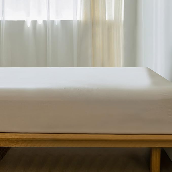 MooMee Fitted Bottom Sheet Only 100% Washed Cotton Linen Like Textured Breathable Durable Soft Comfy Deep Pocket Fits Mattress up to 17" (Cream Grey, King) New