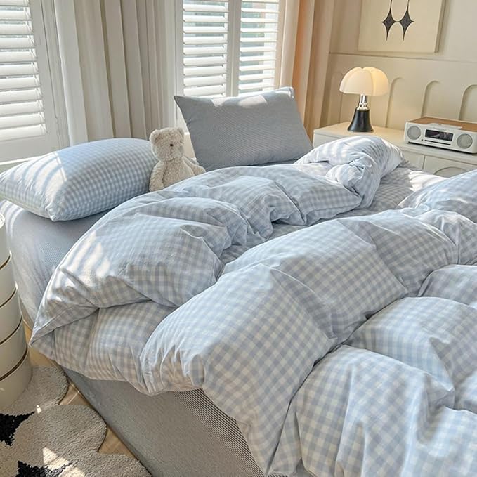 Nayoroom Gingham Duvet Cover Oversized King Blue White Plaid Checkered by Nayoroom
