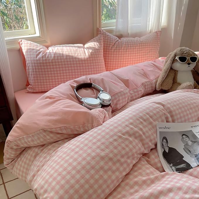 Nayoroom Gingham Duvet Cover Full Size Reversible Pink Plaid Checkered Duvet - Image 2