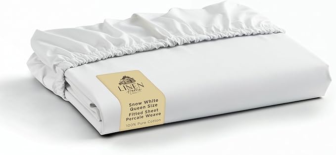 Linen Home 100% Cotton Percale Weave Fitted Sheet, Queen Size, Snow White by LINENHOME