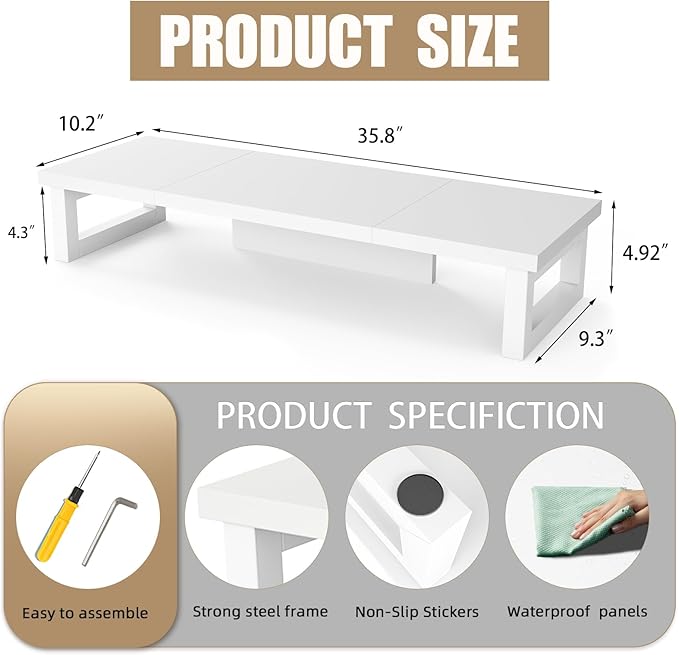 WESTREE Dual Monitor Stand Riser, Wood and Steel Monitor Stand Riser, Computer Monitor Stand for 2 Monitors, Multi-Purpose Desktop Storage Stand for Computer,Laptop,Printer,TV-DeskoryOffice