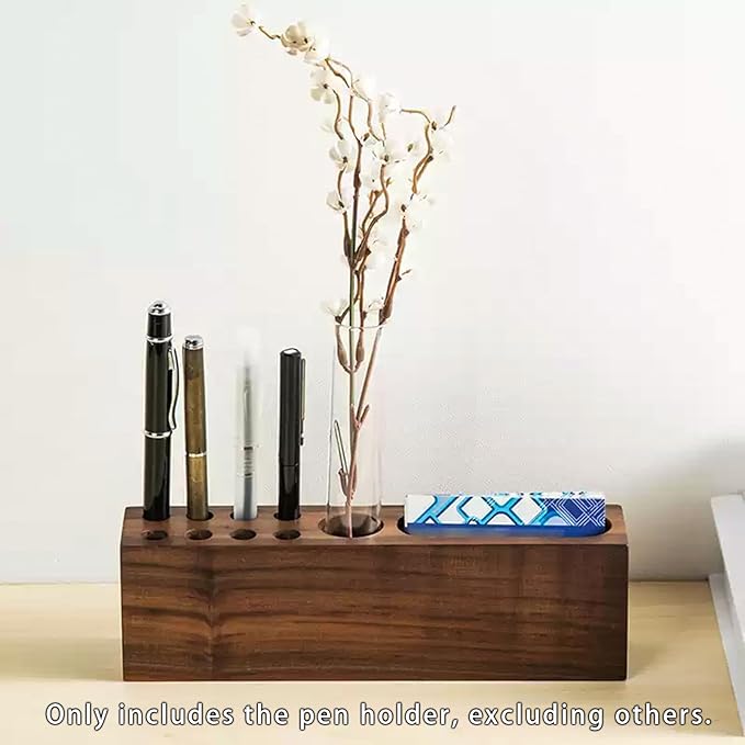 LiTY Pen Holder for Desk, Acacia Wooden Pencil Stand, Solid Wood Business Card Holder, Fountain Pen Organizer, Minimalist Aesthetic Office Stationery Desk Decor-DeskoryOffice