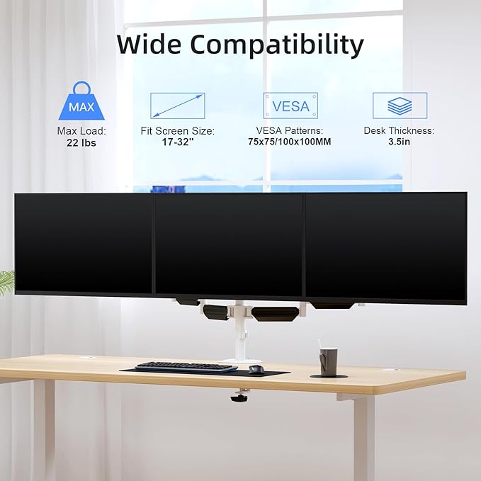 suptek Triple Monitor Mount for Most 17 to 32 inch Screens,Gas Springs Adjustment Triple Monitor Desk Mount Stand with Clamp & Grommet Kit,White(MD8003W)-DeskoryOffice