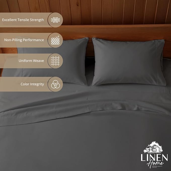 Linen Home 100% Cotton Percale Sheets King Size, Smoky Charcoal, Deep Pocket - Image 2