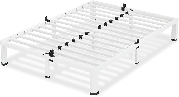 10 Inch White Queen Bed Frame, 3500Lbs Heavy Duty Metal Platform with Round Corner Legs Mattress Slide Stopper, Steel Slat Support No Box Spring Needed, Noise Free, Non-Slip, Easy Assembly
