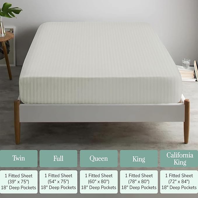 Feather & Stitch 1 Piece Fitted Sheet Queen Size, 100% Cotton Damask Sateen - Image 6