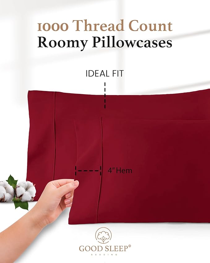 1000 TC Burgundy Standard Pillowcases Set of 4 100% Egyptian Cotton Pillow Cases - Image 3