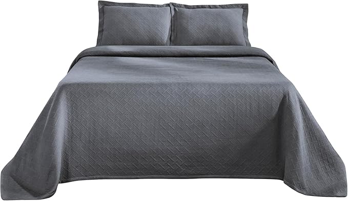 Superior 3 Piece Basketweave Cotton Bedspread Set, Home Bed Decor, Decorative Bed Spread, 2 Pillow Shams, Medium Weight Blanket, Matelasse Coverlet Bedding, Geometric Lattice Pattern, Queen, Grey