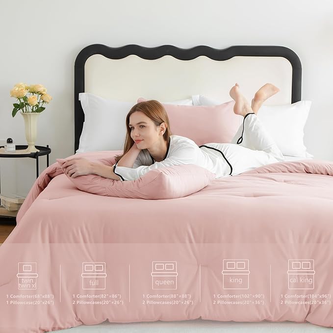 CozyLux Full Size Comforter Set Blush Pink, 3 Pieces Solid Breathable Quilted - Image 6