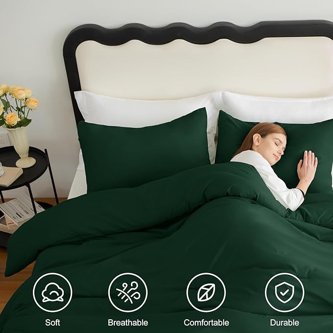 CozyLux King Size Comforter Set Emerald Green, 3 Pieces Solid Comforters King - Image 4