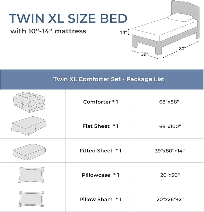 Sasttie Twin XL Comforter Set, 5 Pieces Twin XL Bed in a Bag, Complete Bedding - Image 6