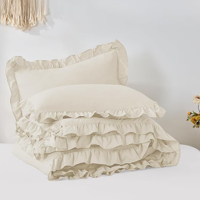 FUANNA King Size Comforter Set Cream White, 3 Pieces Ruffle King Bedding Set - Image 9