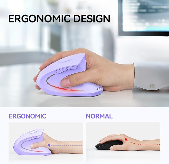 TECKNET Ergonomic Mouse, Wireless Bluetooth Vertical Mouse, 4800 DPI Optical Tracking, 6 Adjustable DPI, Quiet Clicks, 2.4GHz with USB A Receiver, 12 Months Battery, 6 Buttons, Wide Compatibility-DeskoryOffice