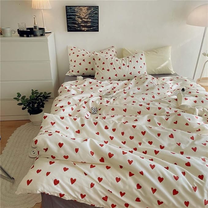 Nayoroom Heart Duvet Cover Twin Size Cute Red Love Heart Printed on White - Image 2