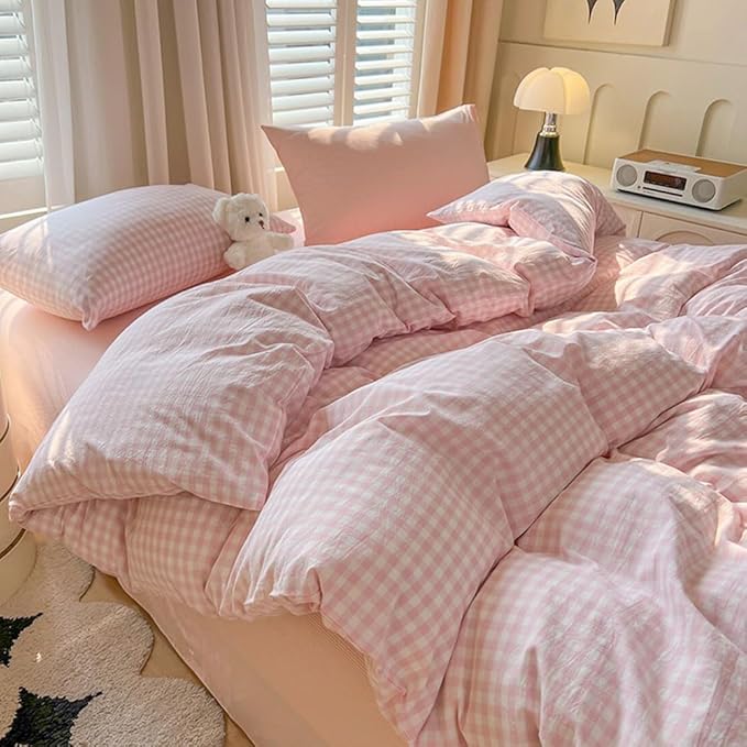 Nayoroom Gingham Duvet Cover Oversized King Pink White Plaid Checkered - Image 2