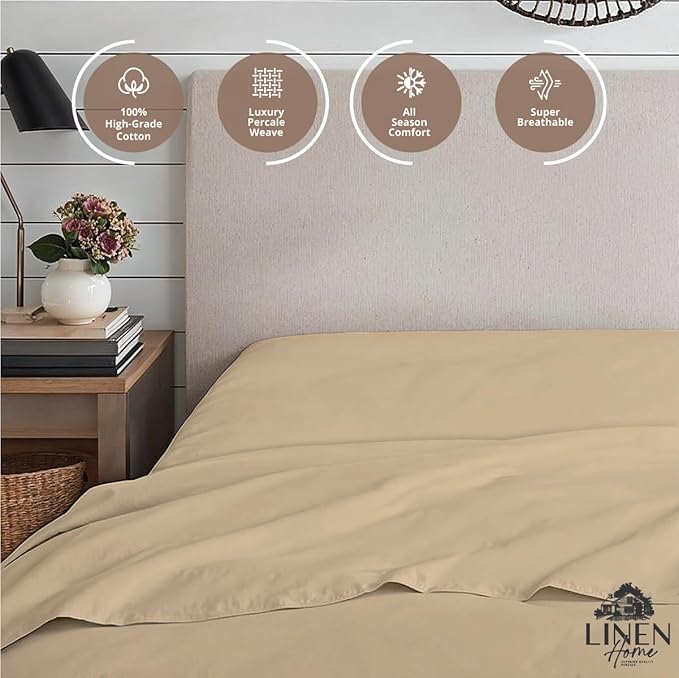 Linen Home 100% Cotton Percale Weave Fitted Sheet, Twin Size, Light Taupe - Image 3