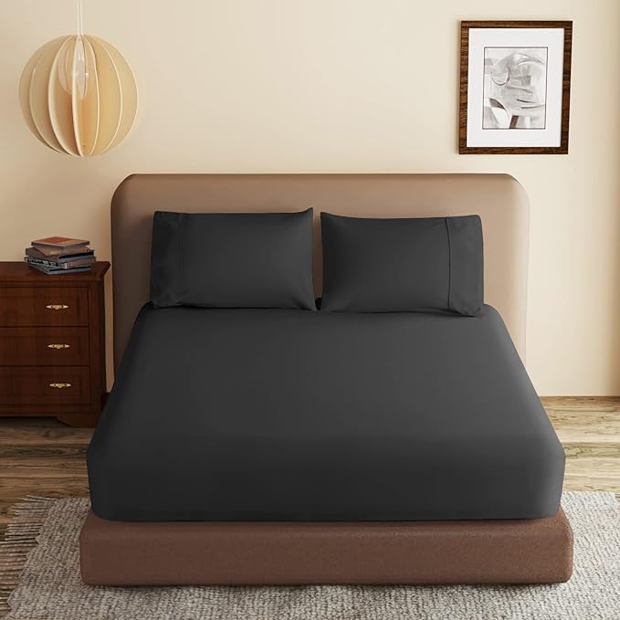 100% Egyptian Cotton Fitted Sheet Full Size Black, 600 Thread Count, 8-16" Deep by ZaizaiHome
