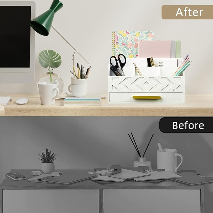 Wooden Desk Organizer Mail Organizer Countertop, Desktop Organizer Mail Sorter Mail Holder Bill Organizer for Desk, Desk Organizers and Accessories for Women (White)-DeskoryOffice