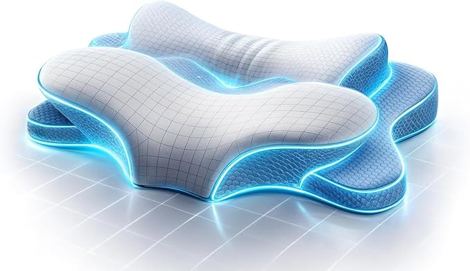Cervical Pillow for Neck Pain Relief, Ergonomic Dual-Height Memory Foam Pillow with Cooling Breathable Cover for Side, Back & Stomach Sleepers – Blue + White