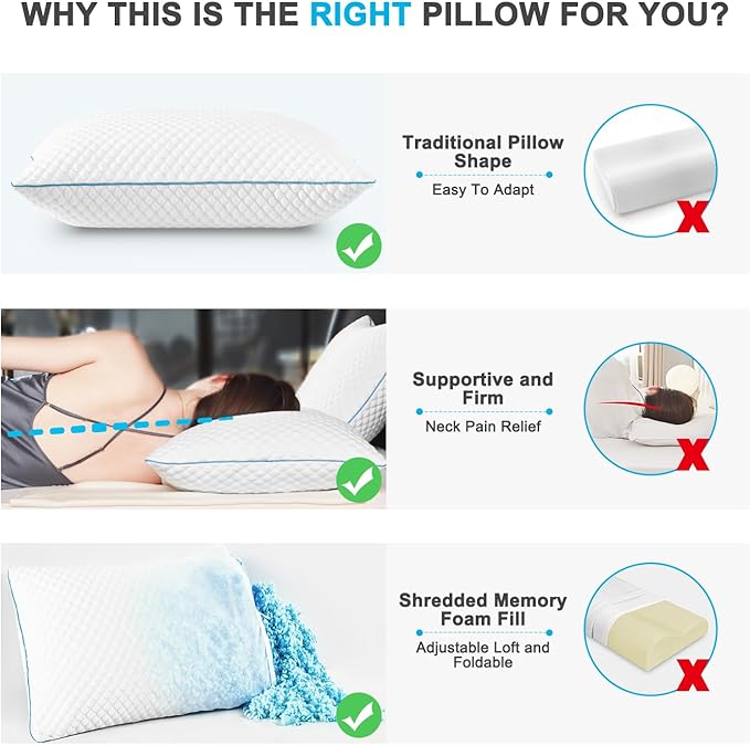 VVZ Cooling Bed Pillows King Size Set of 2, Shredded Memory Foam Pillows - Image 3