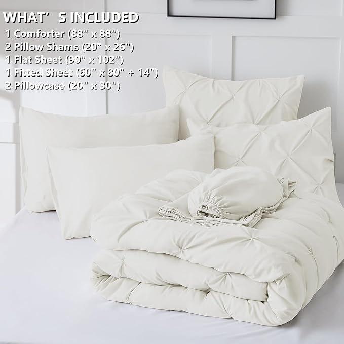 HIMEET Pintuck Bed in a Bag, 7 Pieces Queen Size Comforter Set Ivory, Luxury - Image 6