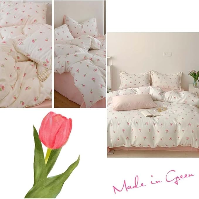 Nayoroom Pink Floral Duvet Cover Full Size Cute Tulip Printed on White - Image 4