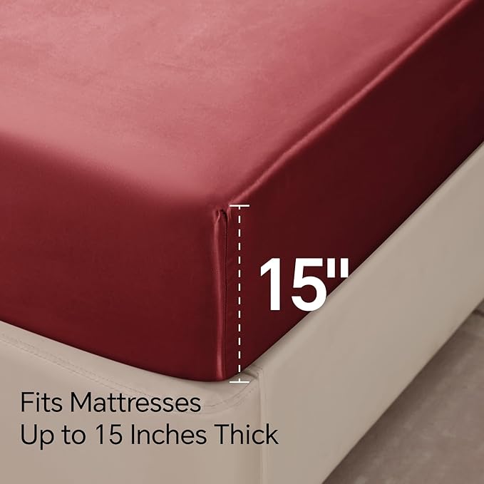 BEDELITE Satin Sheets Full Size Bed Set, Luxury Soft Burgundy Silky Sheet - Image 6