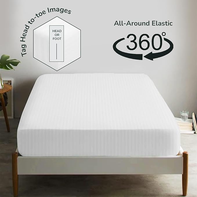 Feather & Stitch 1 Piece Fitted Sheet King Size, 100% Cotton Damask Sateen Weave - Image 4