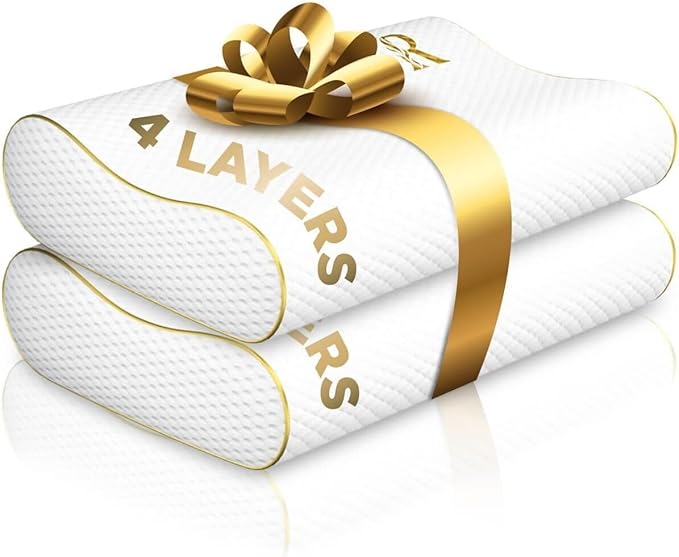 Cervical Memory Foam Pillow- 4-Layer Adjustable King Size Contour Design by ROYALTHERAPY