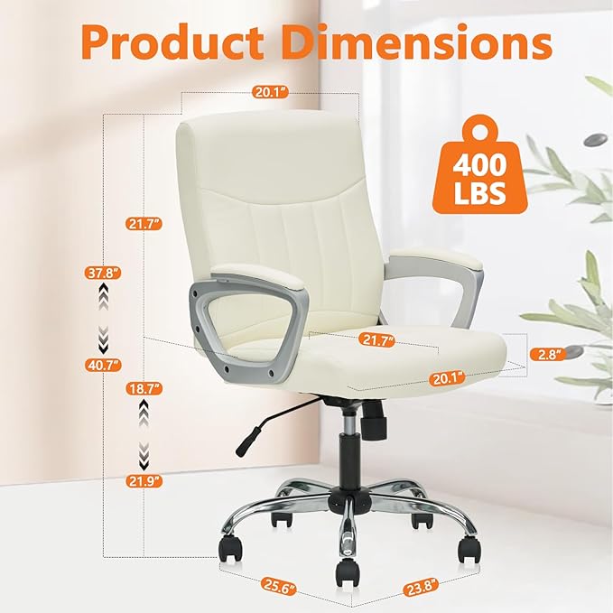 CLATINA Office Computer Desk Chair Executive Mid Back Chair Comfortable Ergonomic Managerial Chair Adjustable PU Leather Home Office Desk Chair Swivel, White 2PK-DeskoryOffice