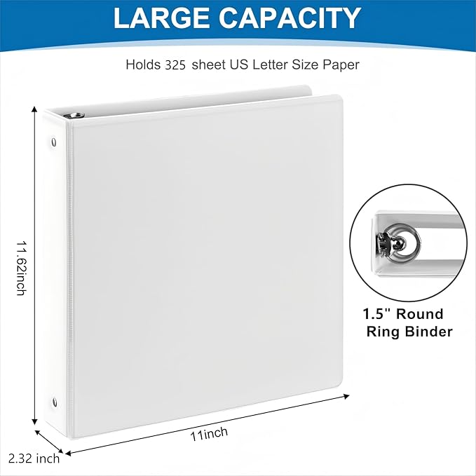 1.5 Inch 3 Ring Binder, 1-1/2“ Binder with 2 Interior Pockets, Durable White View Binders, Clear View Cover, Holds up to 325 Sheets US Letter Size, Perfect for Office/Home/School.（6 Pack）-DeskoryOffice