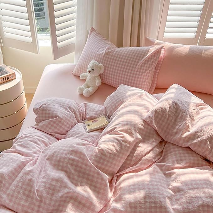 Nayoroom Gingham Duvet Cover King Size Pink White Plaid Checkered Comforter - Image 2