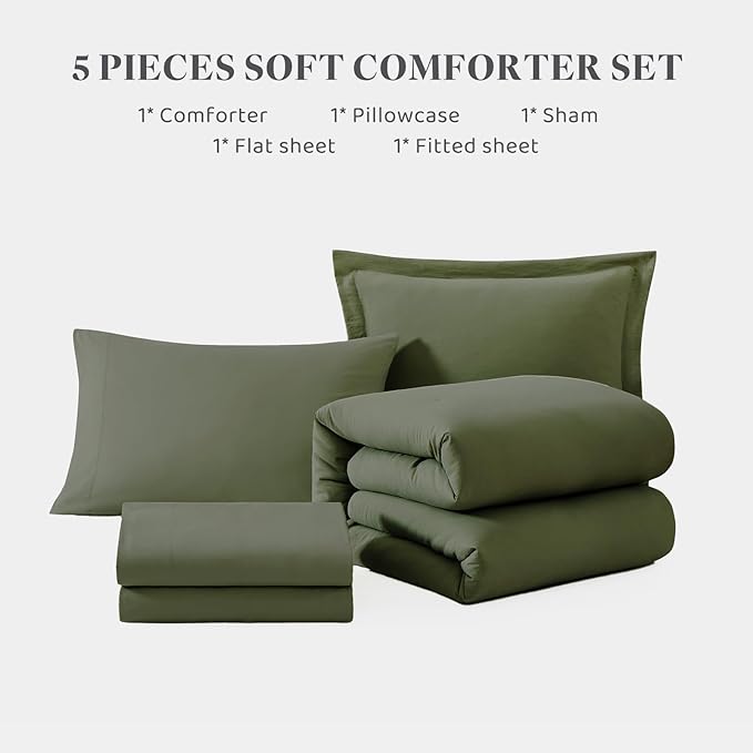 WRENSONGE Twin XL Comforter Set, 5-Piece Olive Green Bedding Collection - Image 7