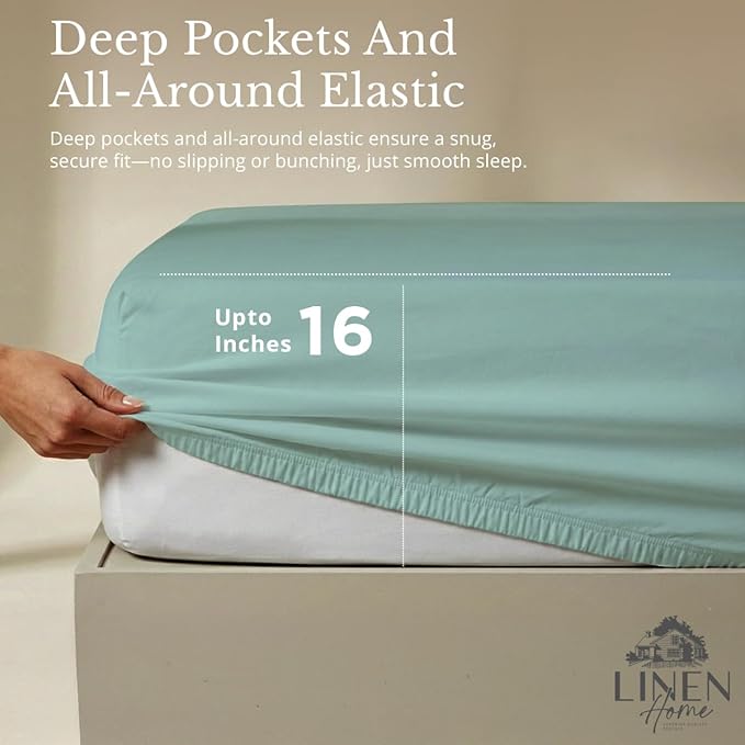Linen Home 100% Cotton Percale Sheets Twin Size, Aqua Blue, Deep Pocket - Image 4