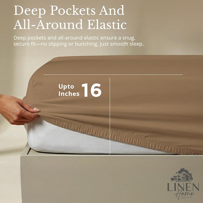 Linen Home 100% Cotton Percale Sheets Queen Size, Earthy Brown, Deep Pocket - Image 4