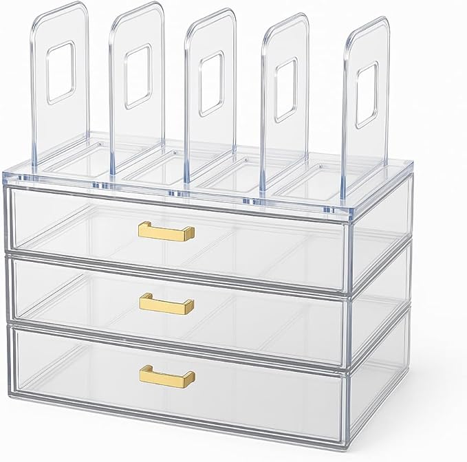Acrylic Desk Organizer Set, 3 Pack Stackable Desktop Drawer Organizer with 4 Vertical File Holders and 2 Pen Holders, Desk Organizers and Accessories for Home Office Storage-DeskoryOffice
