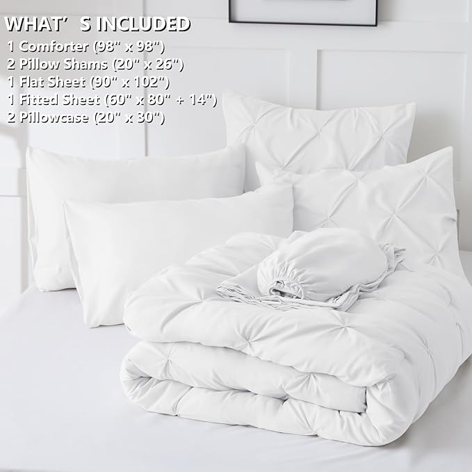HIMEET Pintuck Bed in a Bag, 7 Pieces Oversized Queen Comforter Set White - Image 6
