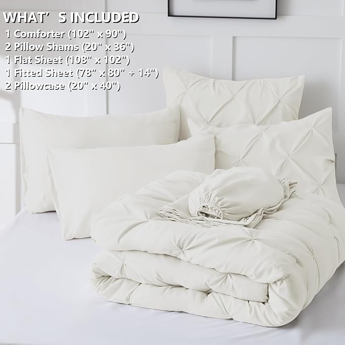 HIMEET Pintuck Bed in a Bag, 7 Pieces King Size Comforter Set Ivory, Luxury - Image 6