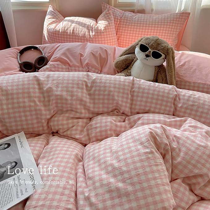 Nayoroom Pink Gingham Duvet Cover King Size Reversible Plaid Checkered Duvet - Image 3