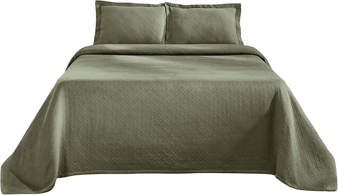 Superior 2 Piece Basketweave Cotton Bedspread Set, Home Bed Decor, Decorative Bed Spread, 1 Pillow Sham, Medium Weight Blanket, Matelasse Coverlet Bedding, Geometric Lattice Pattern, Twin, Sage