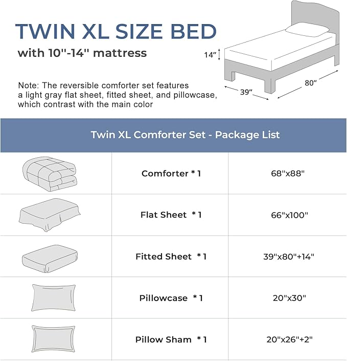Sasttie Twin XL Comforter Set, 5 Pieces Reversible Twin XL Bed in a Bag - Image 2